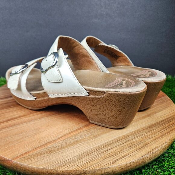 Dansko Sophie White Leather Sandals Double Strap Buckle Wedge Size 39 8.5-9 - Picture 4 of 11